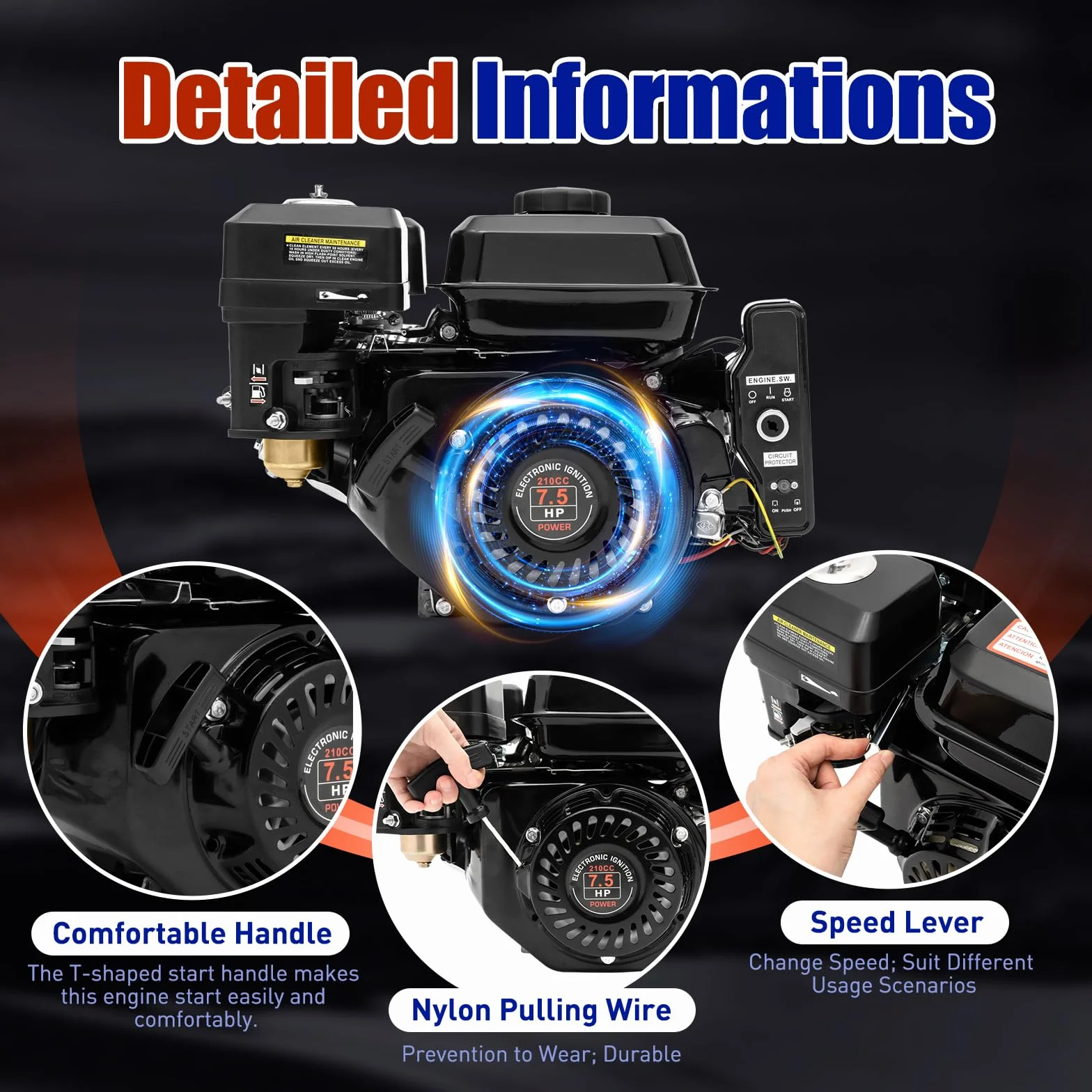 DIFU Motor de gasolina de 7,5 CV con arranque eléctrico | Motor de 4 tiempos Go Kart de 210 cc | Bajo consumo de combustible | Motor de pie con motor de karts de eje 20 mm con función de alarma de