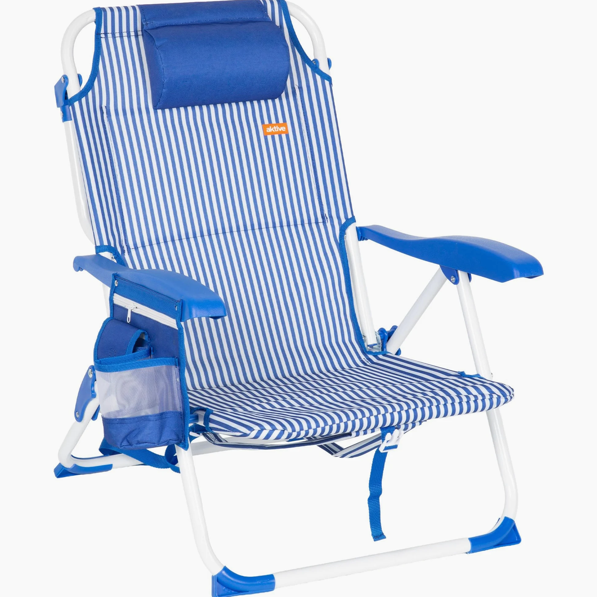 AKTIVE Silla de Playa Plegable, Azul Rayas, 48x58x76 cm, 4 Posiciones, Antivuelco, Aluminio y poliéster, Peso soportado 110 kg, Bolsillo Lateral y Trasero, Cojín, Transporte Mochila (62531)