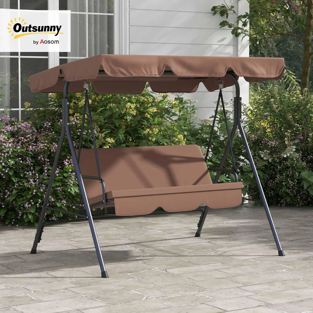 Aosom Outsunny Columpio de Jardín Tipo Balancín Mecedora de Metal 3 Plazas con Toldo Regulable y Cojín - 172x110x152cm
