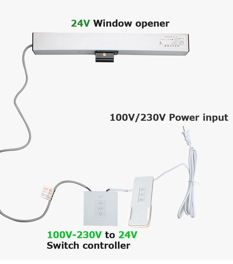 Abridor de Ventana con Cadena Eléctrico, 24V Abridor Automático de Ventanas con Interruptor y Control Remoto para Ventana abatible, Quemacocos, Ventilación de Techo, Carga máxima 400N ( Color : 24V Mo