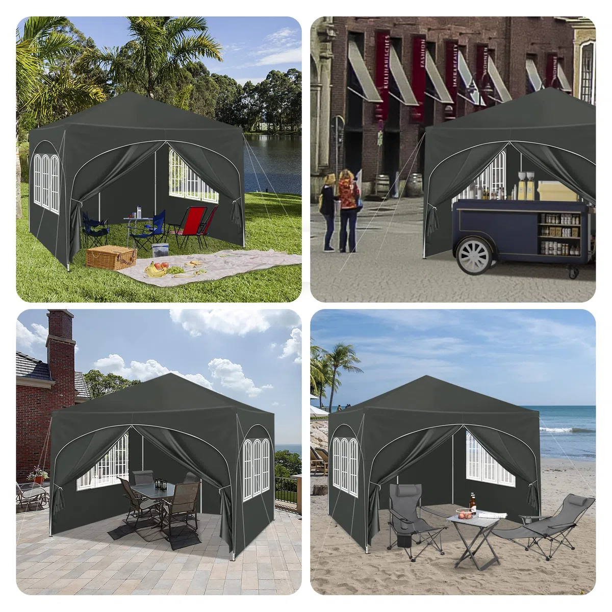 WOLTU Pabellón de Jardín Cenador Plegable Pérgola con Techo Carpa para Exteriores de Tela Oxford, 3x3 m, con Paredes Laterales Altura Ajustable para Camping y Playa,Gris