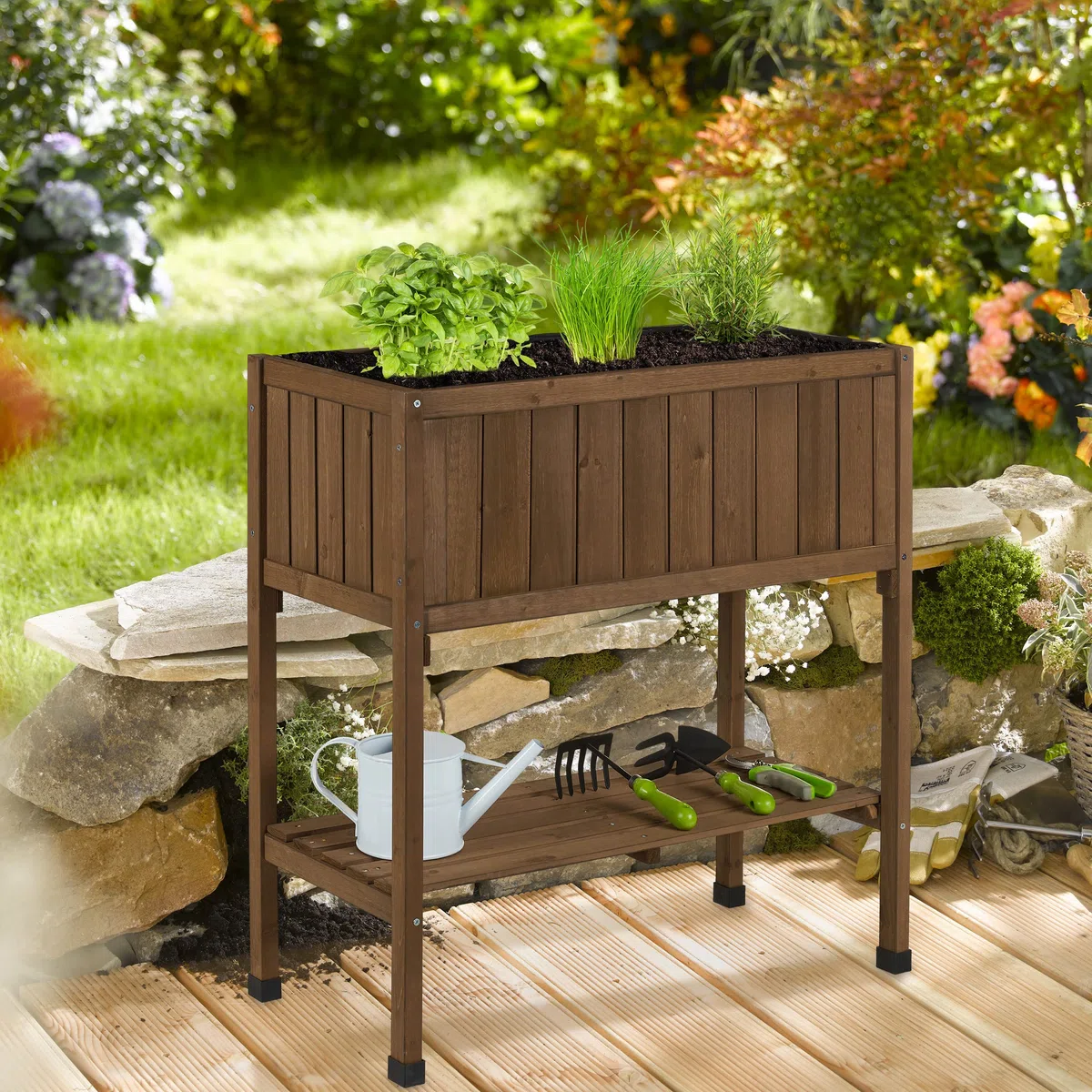 Relaxdays Huerto Urbano Madera de Abeto, Jardinera con Balda, Arriate Balcón y Terraza, 80x74x38 cm, Marrón