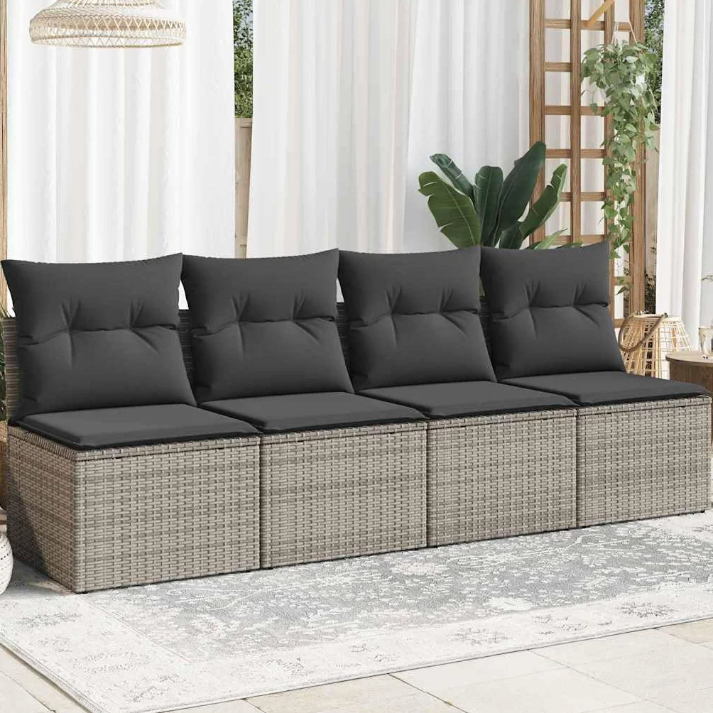 vidaXL Sofá de Jardín con Cojines 4 Plazas, Asiento Exterior, Sofá Descanso, Mueble para Patio Terraza Balcón, Ratán Sintético Gris