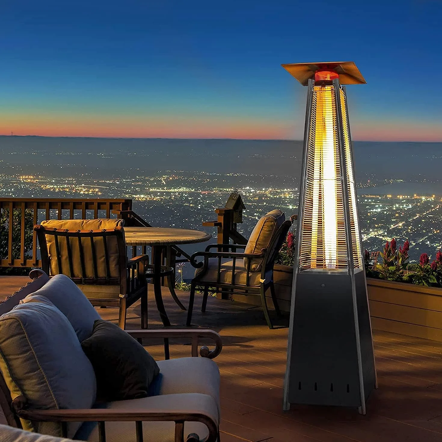BU-KO Calentador Patio a Gas para Exterior | Jardín, Terraza, Barbacoa | Estufa Piramidal al Propano - 13kw | Ruedas, Regulador y Manguera | Chimenea Acero Inoxidable para LPG & Cubierta Impermeable