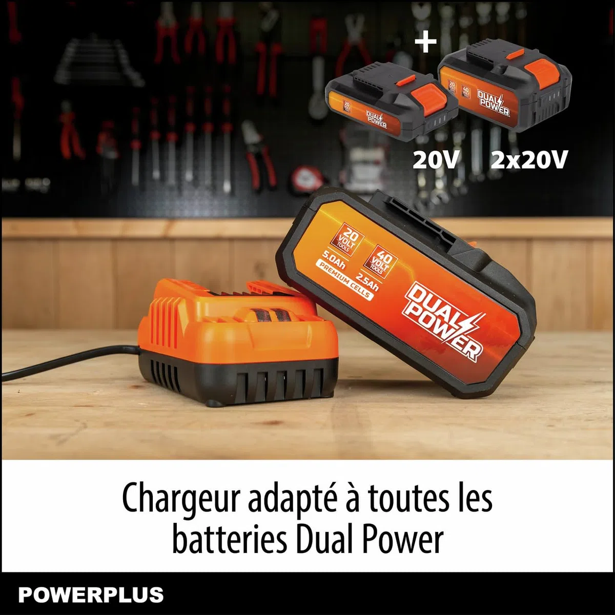 POWERPLUS - Juego de batería y cargador de doble potencia POWDP90640-2x20V, 5.0Ah, 2.5Ah batería - para herramientas de 20 V y 40V - Cargador de 2 A - para baterías de 20 V y 2 x 20 V - Para