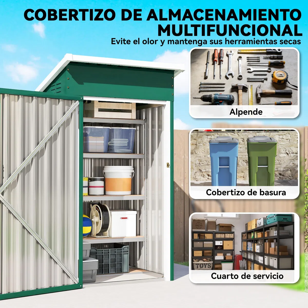 Outsunny Caseta de Jardín Exterior 0,74 m², 107,5x91x185 cm, Cobertizo de Jardín Exterior Metálico con Techo Inclinado, Puerta con Cerradura y Ventilaciones para Almacenamiento de Herramientas, Verde
