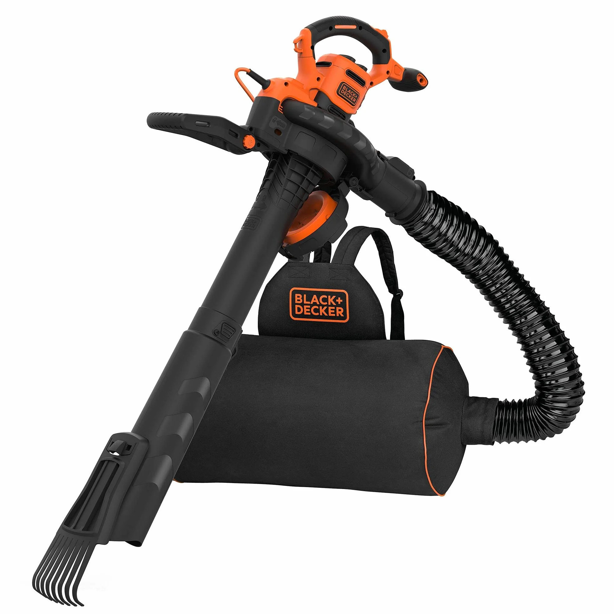 BLACK+DECKER BEBLV301 Aspiradora Eléctrica 3-en-1 y Soplador de Hojas Trituradora con Rastrillo Acoplable y Mochila de 72L Alta Velocidad de Soplado y Potencia de Succión Ajustable de 3000W