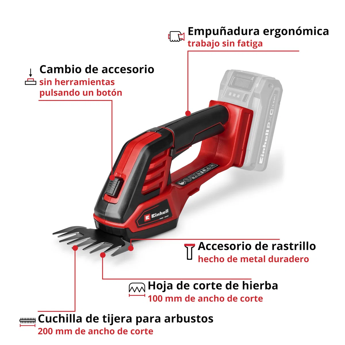 Einhell Tijeras de Hierba/arbustos con batería GE-CG 18/100 Li - 3 en 1-Solo Power X-Change (18 V, Incl. Cuchillas de Hierba 100 mm, de arbustos de 200 mm, Accesorio para rastrillo, sin batería)
