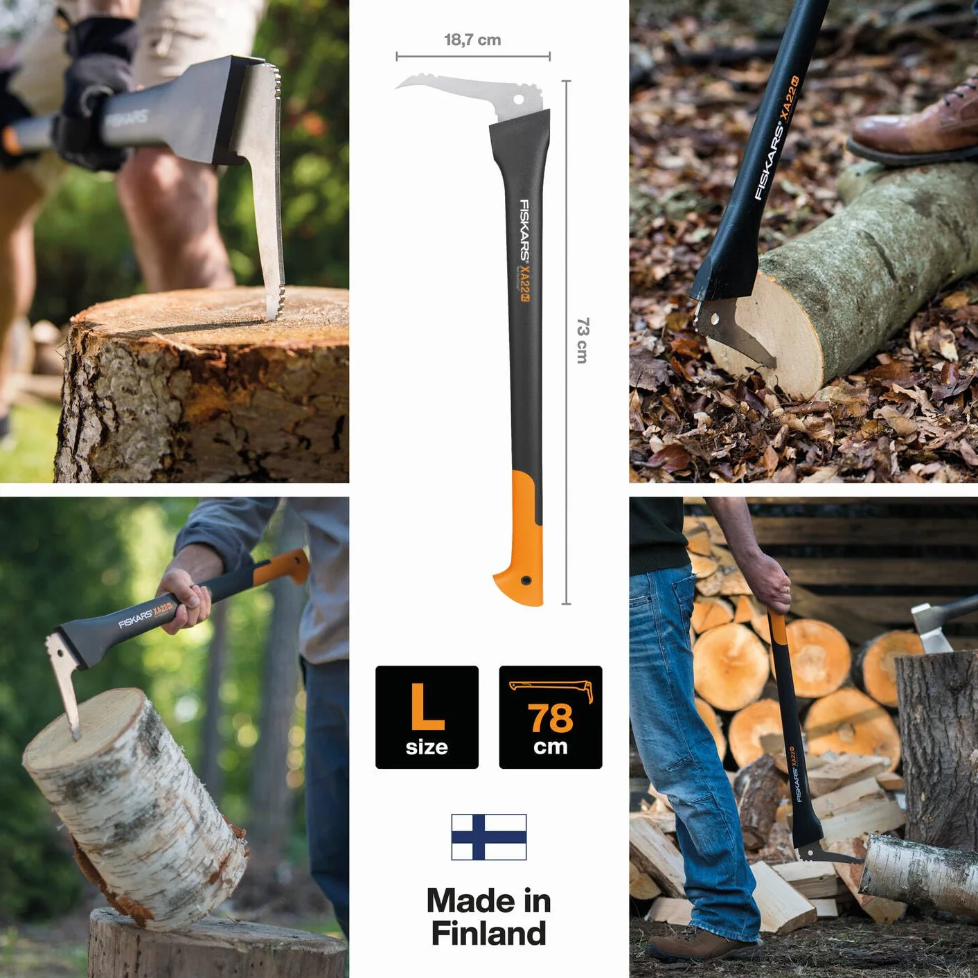 Fiskars Zapa de mango largo, Longitud: 78 cm, Cuchilla de acero templado/Mango resistente en fibra de vidrio, Estuche de almacenamiento y transporte incluido, Negro/Naranja, WoodXpert, XA22, 1003623