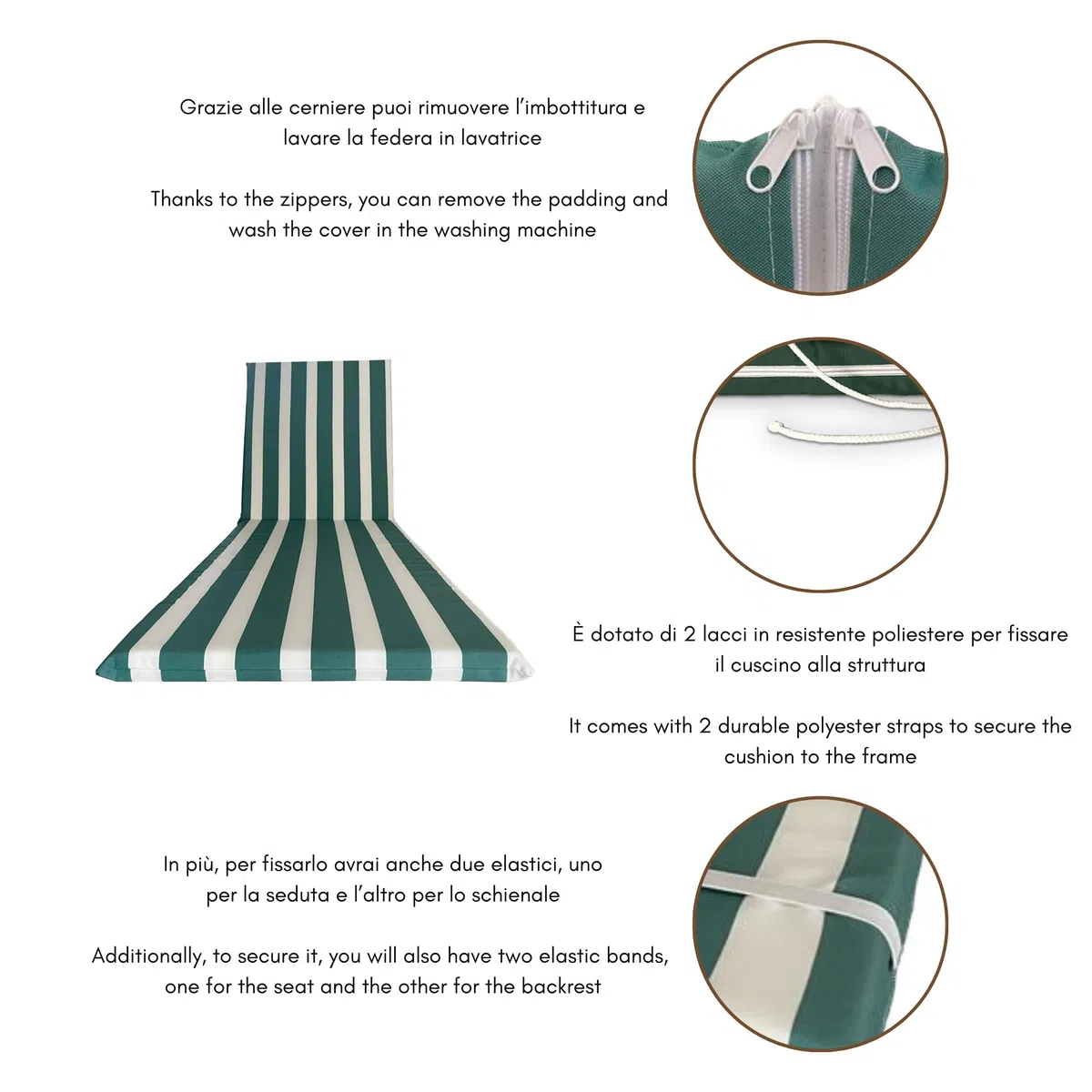 Cojín impermeable para tumbona, 190 x 60 cm, poliéster impermeable – Cojín desenfundable, fabricado en Italia (blanco y verde)