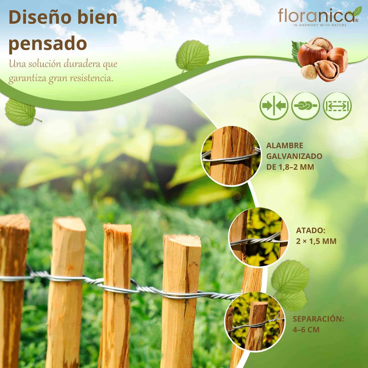 Floranica valla de avellano 1 metro lineal x 80 cm alto separación 4-6 cm cerca de estacas de jardín para delimitar áreas exteriores