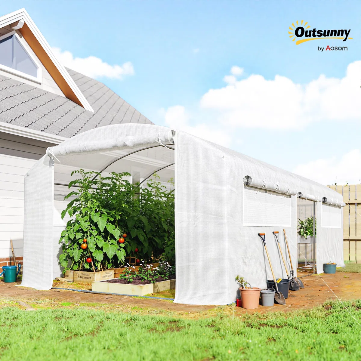 Outsunny Invernadero de Exterior 6x3x2 m, Invernadero de Túnel con 3 Puertas Enrollables, Ventanas de Malla, Cubierta PE 140g/m² Anti-UV y Marco de Acero Galvanizado, para Cultivos, Plantas, Blanco