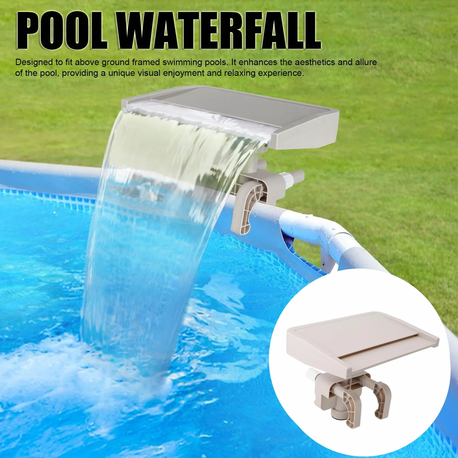 Fuente de Piscina Desmontable con Estructura Resistente, Cascada de Agua para Piscinas elevadas y jardín, fácil instalación, Accesorios de PVC para relajación y decoración, 33.5x23x27 cm