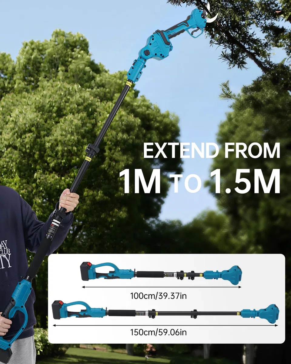 Tijeras de Podar Eléctricas con Pértiga 40mm, 2x4000mAh Tijeras de Podar Telescópico con Baterías y Motor sin Escobillas, Podadora Eléctrica con 2 Hojas para Jardinería, Árboles y Viñedos