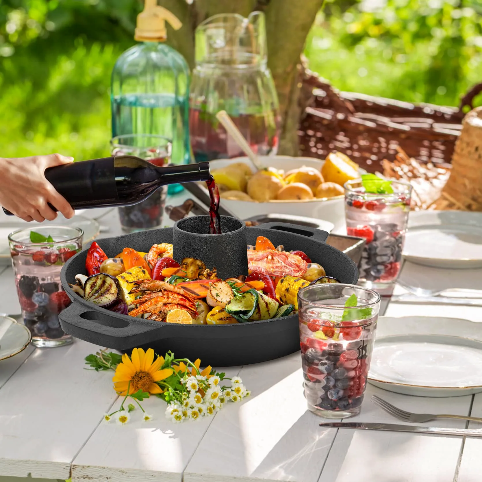 Onlyfire Soporte para asador de pollo de hierro fundido, asador de aves de corral para barbacoa con pico de vertido y asa, accesorio de barbacoa para parrilla y horno