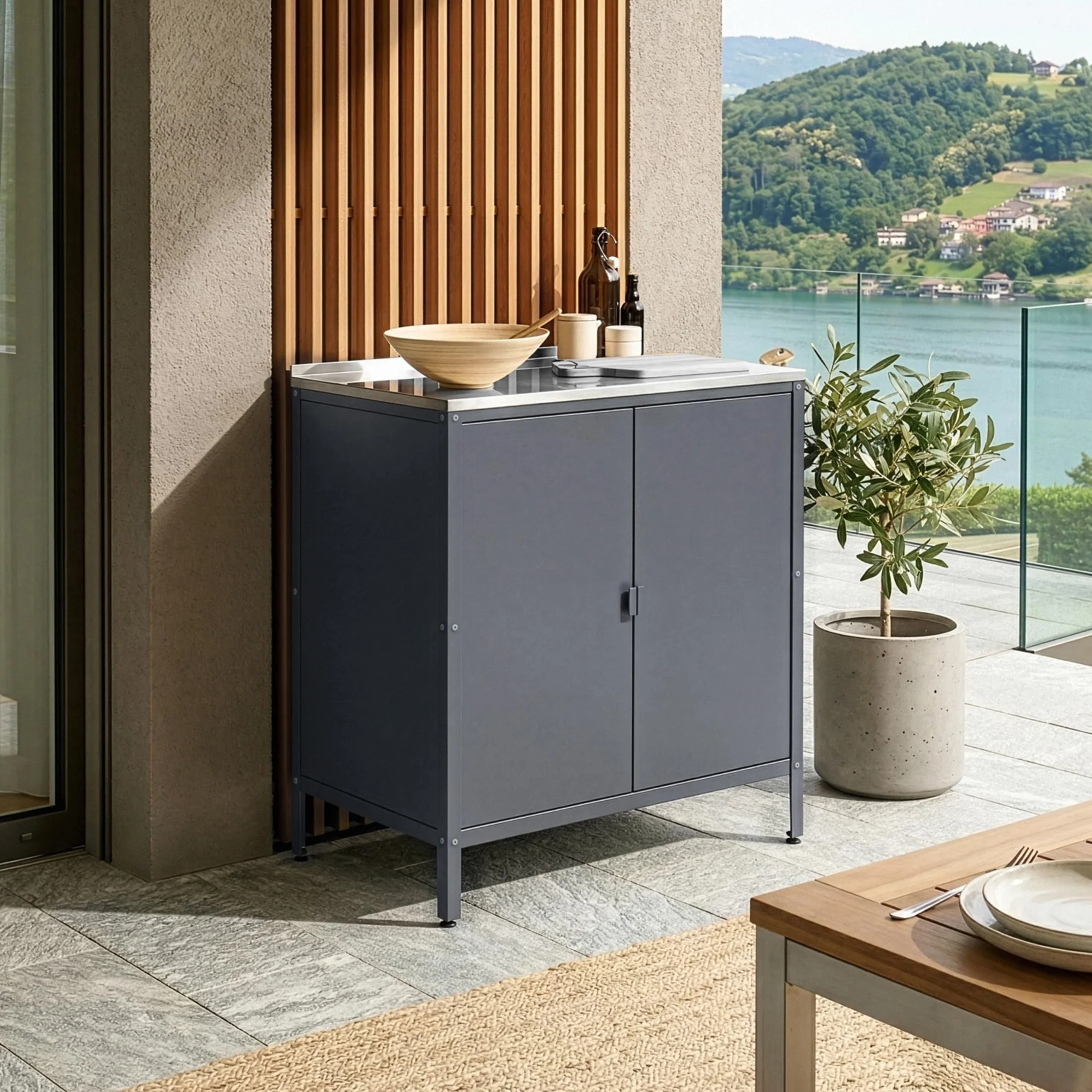 casa.pro Armario Exterior Bolognano con Patas Nivelables 1 Estante Interior para Terraza Jardín Uso Interior y Exterior Almacenaje en el Jardín 92 x 80 x 50 cm Acero - Gris Oscuro/Plateado