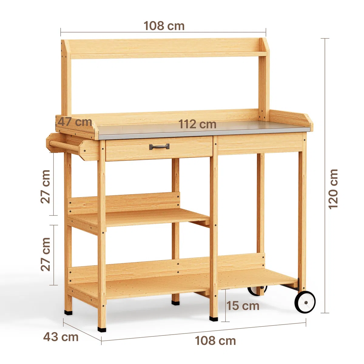 Xbro Mesa de Jardinería con Ruedas, Mesa para Plantas de Madera con Encimera de Metal Galvanizado, Cajón, Estantes y Ganchos para Balcón, Terraza, Jardín, 112 x 43 x 121 cm, (Retro)