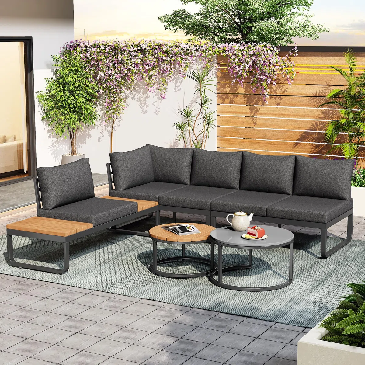Muebles Jardin Exterior de 5 Piezas con 2 Mesas y Cojín Suave, Sofa Terraza Exterior para 4-5 Personas, Conjunto Jardin Exterior con Patas Ajustables y Mesita Auxiliar, Estructura Metal, Gris