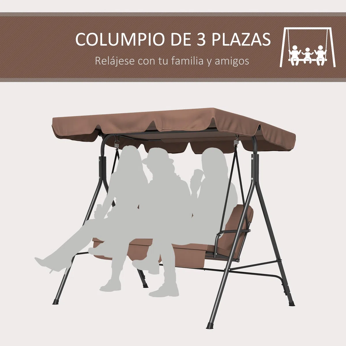 Aosom Outsunny Columpio de Jardín Tipo Balancín Mecedora de Metal 3 Plazas con Toldo Regulable y Cojín - 172x110x152cm