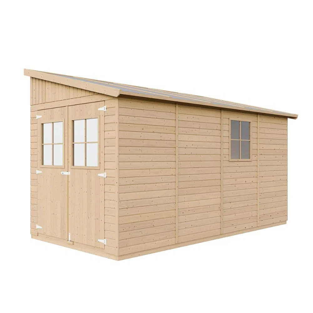 Cobertizo de Madera para jardín SIN Pared Lateral- con Suelo TRATADO – H243x216x416 cm/8 m2 Cobertizo de Madera Natural - Taller de Jardín - TIMBELA M340+M340G
