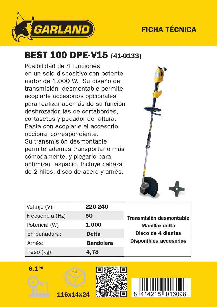 GARLAND BEST 100 DPE-V15 - Desbrozadora eléctrica 1000W 3 en 1, manillar Delta, disco 4 dientes y cabezal automático, compatible cortasetos y podadora