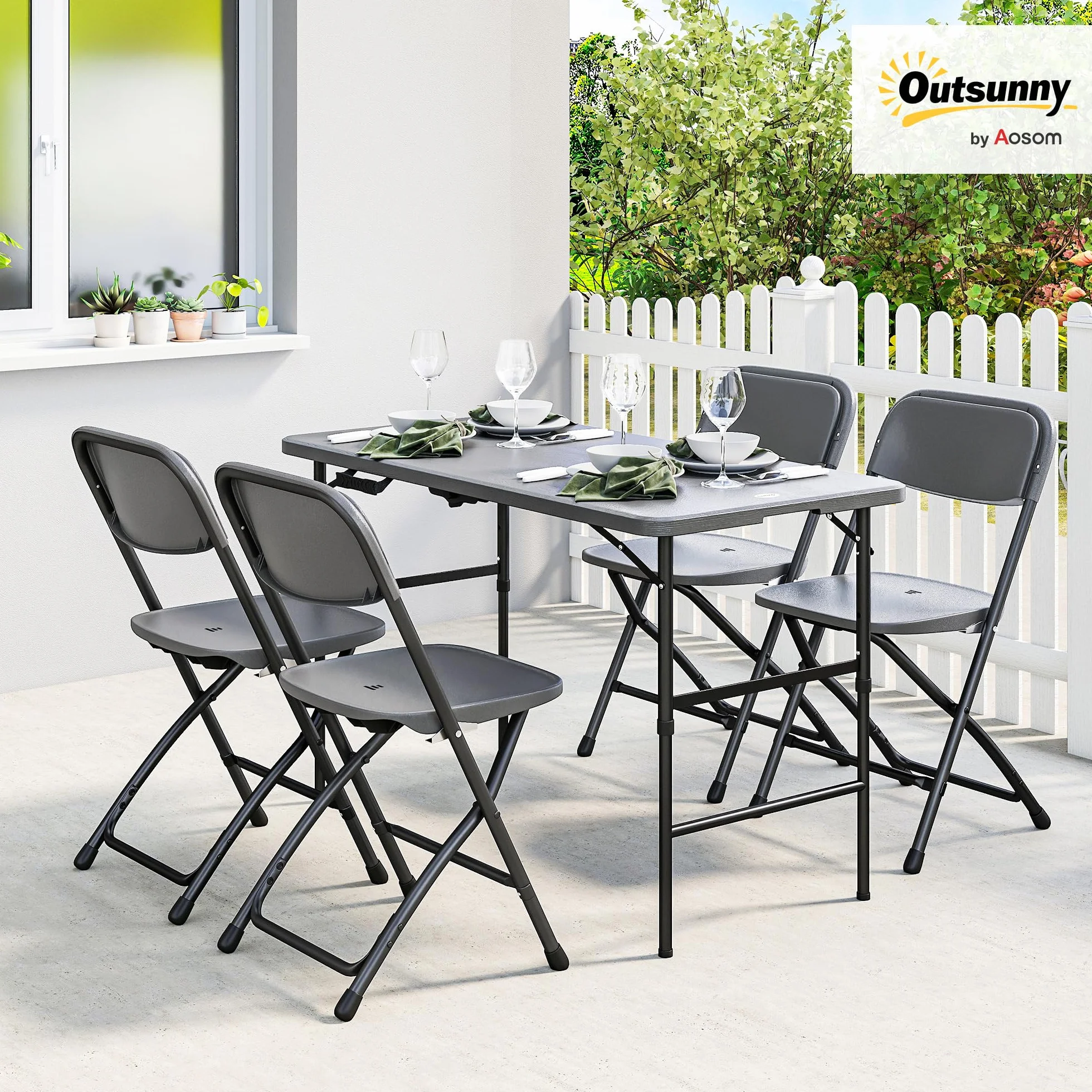 Outsunny Conjunto de Mesa y Sillas Jardín de 5 Piezas, Muebles de Jardín Exterior con Mesa Plegable Ajustable de 55 a 74 cm, 4 Sillas Plegables y Encimera de HDPE, para Terraza Patio, Gris Oscuro