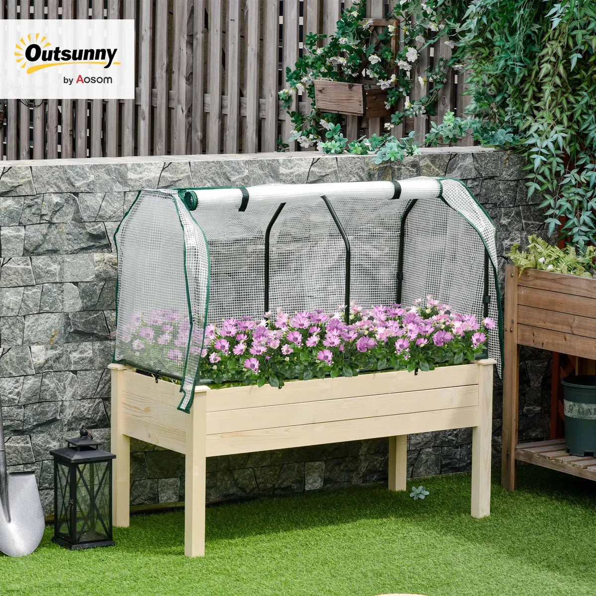 Outsunny Huerto Urbano Elevado de Madera 121x55x117 cm con Cubierta de Protección Mesa de Jardinera para Cultivo Flores Vegetales en Jardín Terraza Color Natural