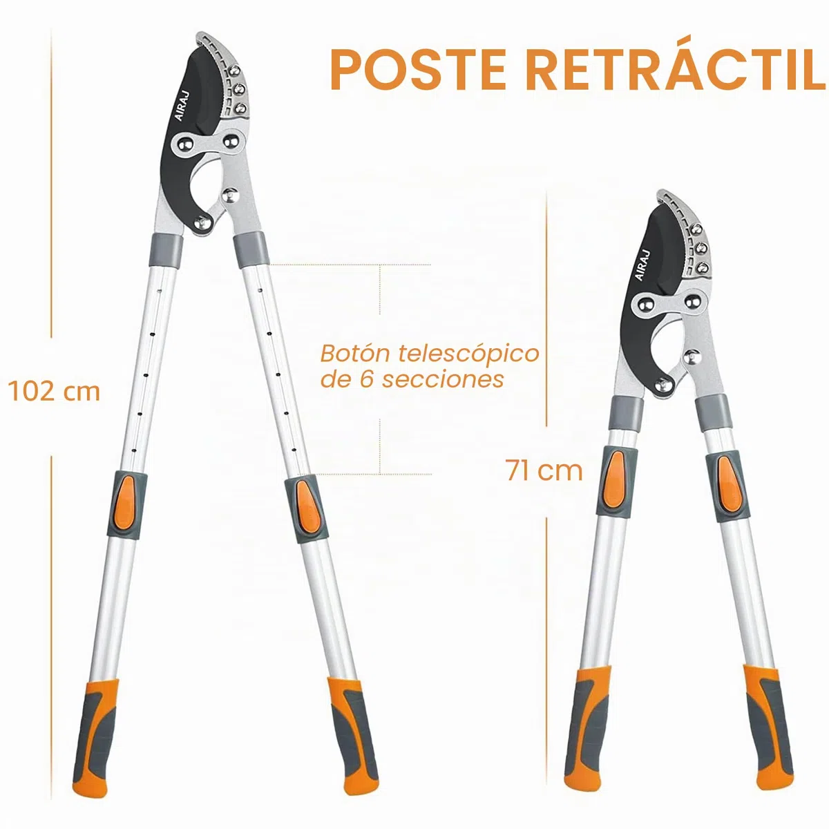 AIRAJ Tijeras telescópicas de 70 a 103 cm, resistentes, con cuchillas de repuesto, hoja de acero SK-5 y revestimiento de teflón, mango ajustable de seis vías, podadoras profesionales para árboles