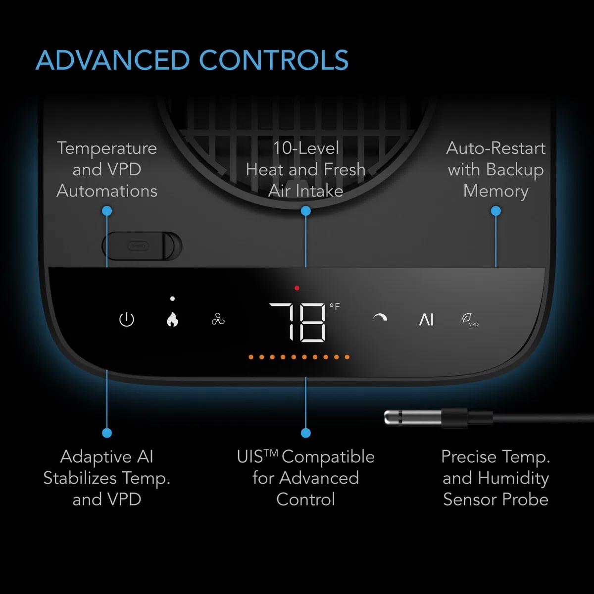 AC Infinity THERMOFORGE T7, calentador ambiental de 1000 W con controlador de temperatura VPD, calefacción PTC de 10 niveles y entrada de aire fresco, IA adaptativa, conductos dobles para tiendas de