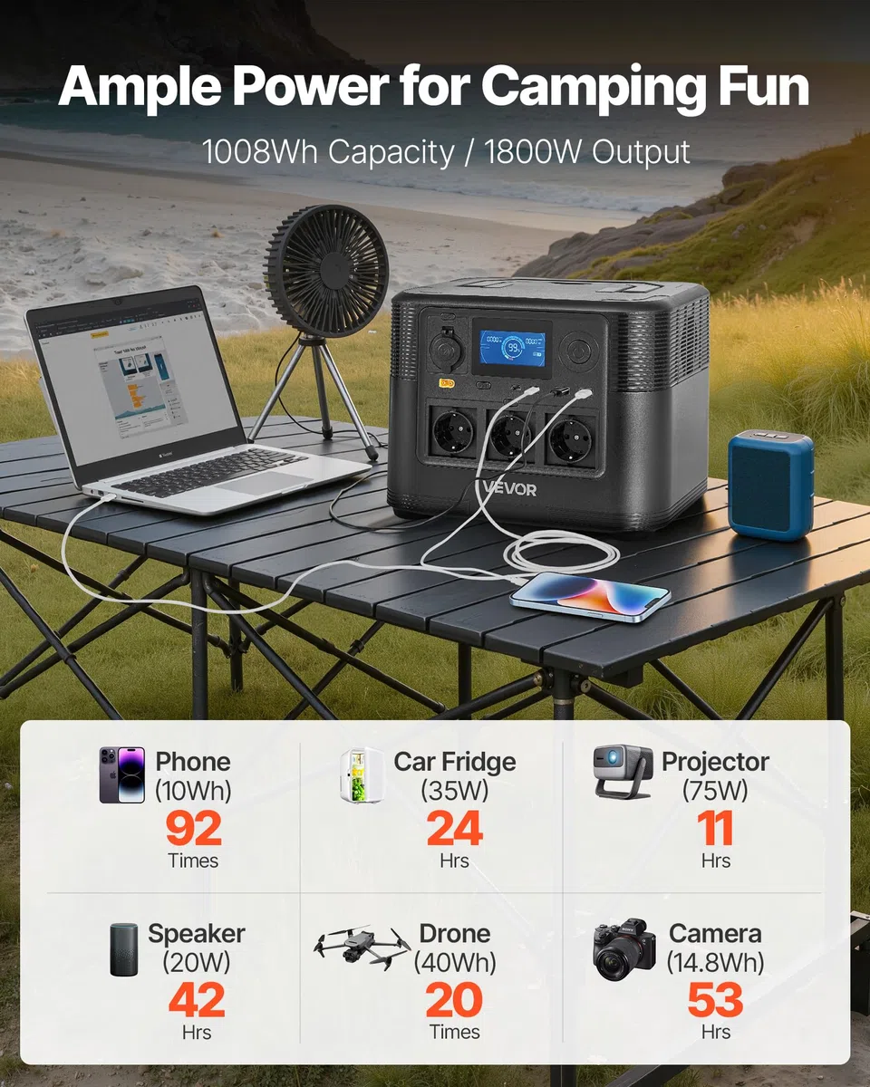 VEVOR Estación de Energía Portátil 1800 W, Generador de Energía Batería de Respaldo LiFePO4 1008 WH, con 8 Puertos de Salida para Hogar, Campamentos, Viajes en Autocaravana, Panel Solar No Incluido