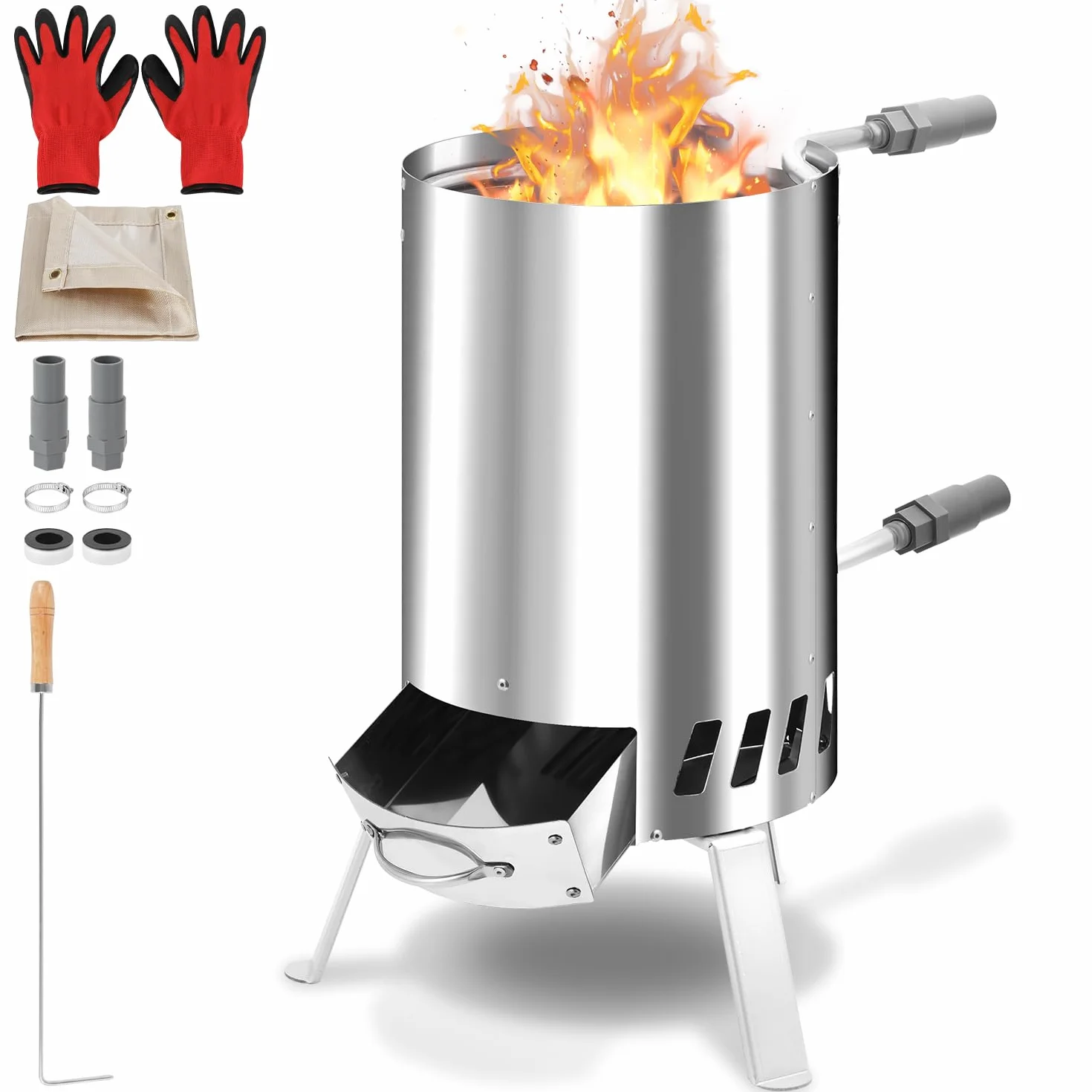 Fiqops Leña, calentador de piscina, calentador de piscina con fuego, calentador de piscina, cañón de fuego, acero inoxidable, piscina climatizada, cubo de fuego 36/38 mm de conexiones, 100% acero