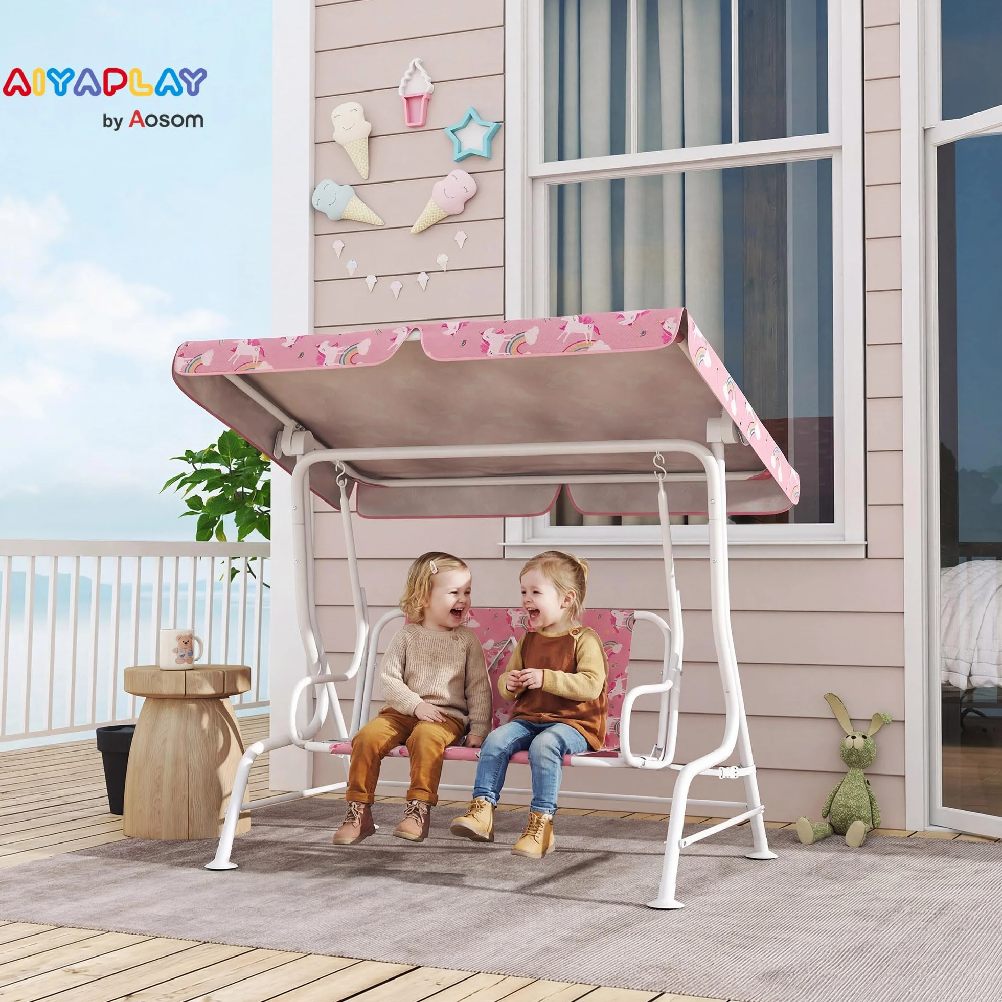 AIYAPLAY Columpio de Jardín Exterior para Niños de 2 Plazas, Balancín de Jardín, Toldo Ajustable, con Cinturones de Seguridad, Diseño de Unicornio y Arcoíris, para Interior, Patio, 112x75x120 cm, Rosa