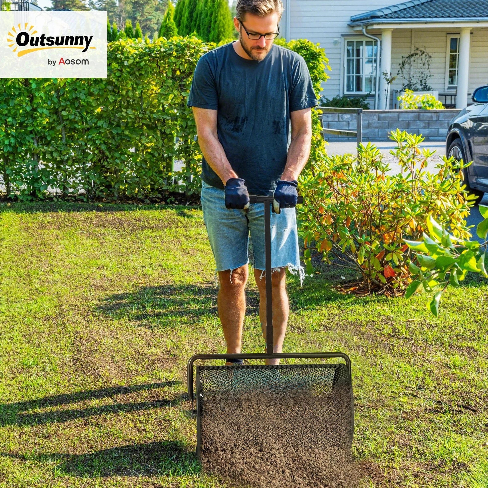 Outsunny Esparcidor de Compost 75L 70x40x112 cm Esparcidor de Abono para Césped con Asa Ajustable Cesto de Malla Metálica para Cuidado de Césped Jardín Negro