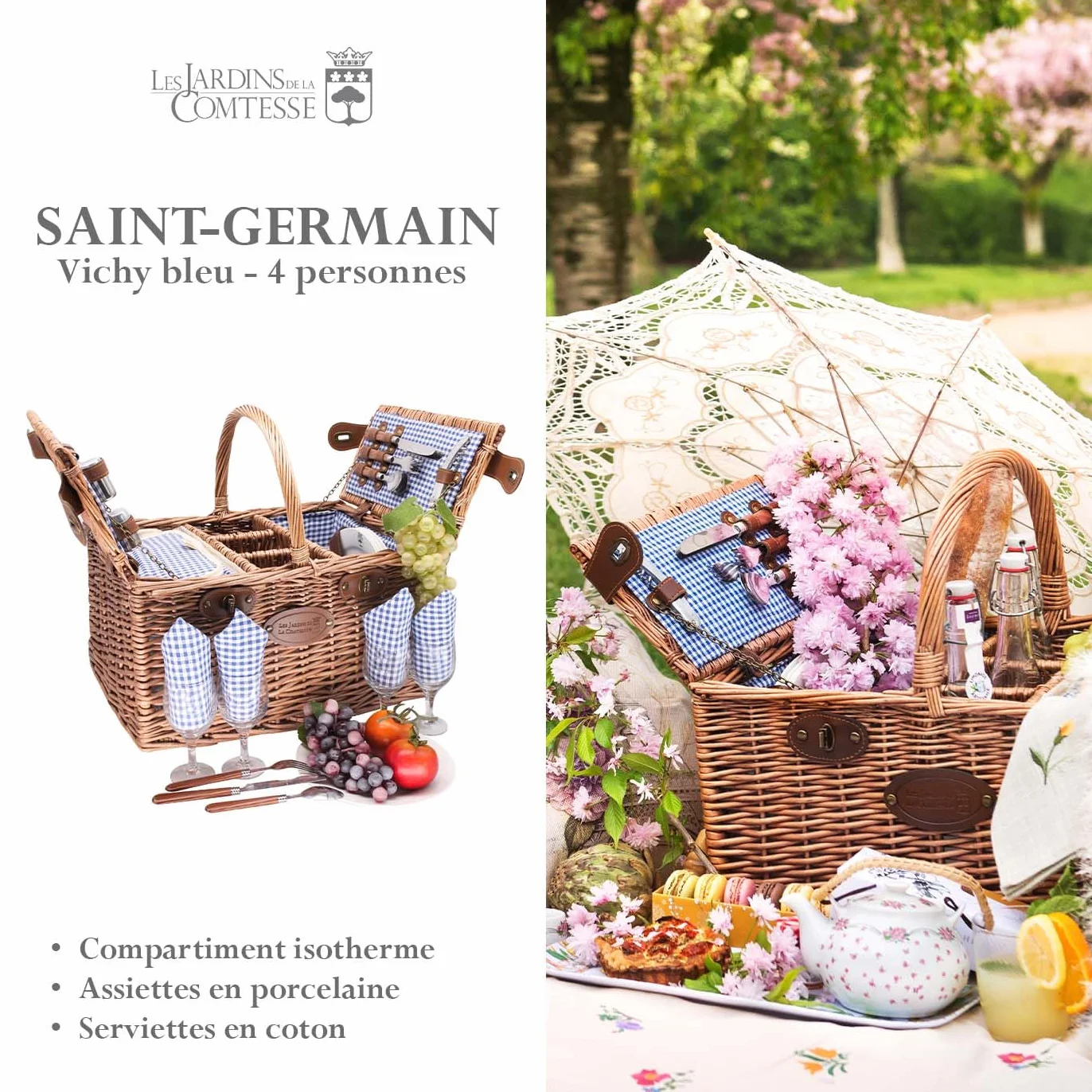 Les Jardins de la Comtesse – Cesta de picnic Saint Germain Vichy Bleu – 4 personas – Refrigerador isotérmico – Taquillas 3 botellas – Platos cerámica – 48 x 35 x 26 cm