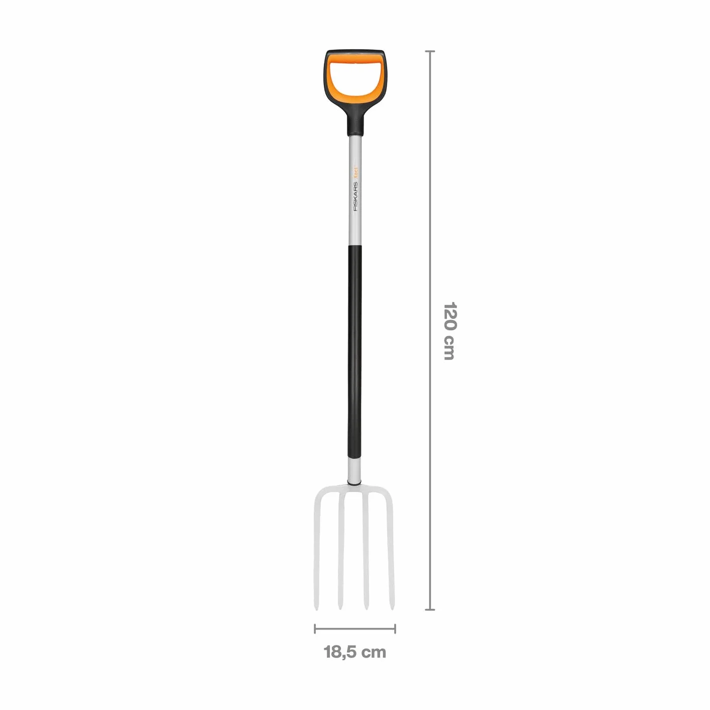 Fiskars Horca de jardín para suelos duros y pedregosos, Con 4 púas, Longitud: 120 cm, Púas de acero de calidad/Mango de plástico reforzado con fibra de vidrio, Negro/Naranja, Xact, 1070716