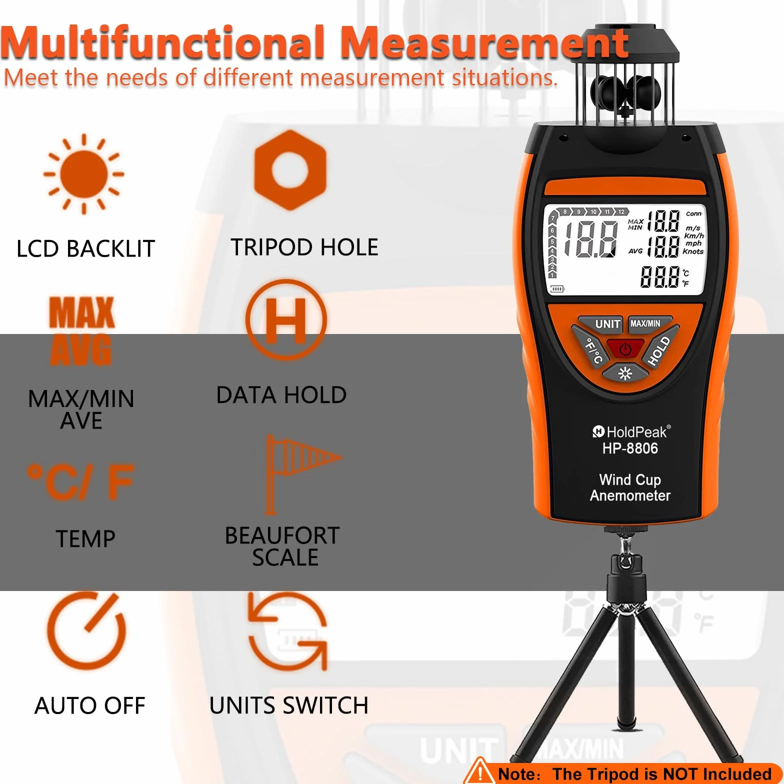 Anemómetro Digital de Mano, HoldPeak 8806 4 Wind Cup Anemómetro para Exterior, Velocidad del Viento de 0,7 a 42 m/s y temperatura (℃/℉) con Brújula, Anemometro Portatil para Tiro, Pesca, Kitesurf