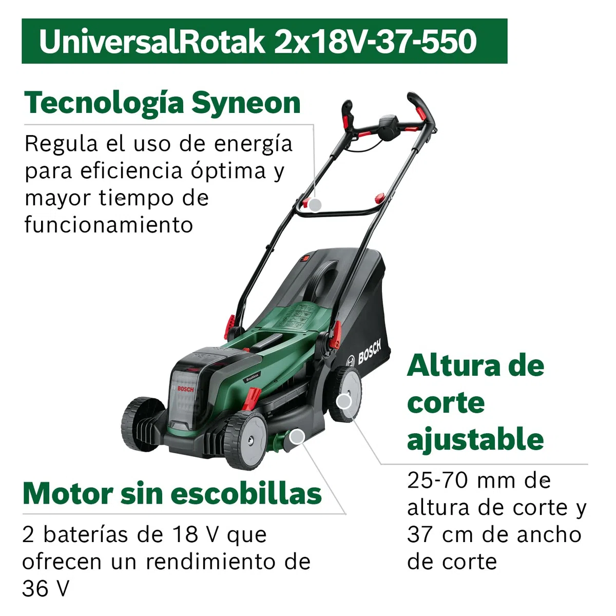 Bosch cortacésped con batería UniversalRotak 2x18V-37-550 (hasta 500 m2 con 2 baterías de 4 Ah; sistema de 18 voltios; anchura de corte: 37 cm; sin baterías)