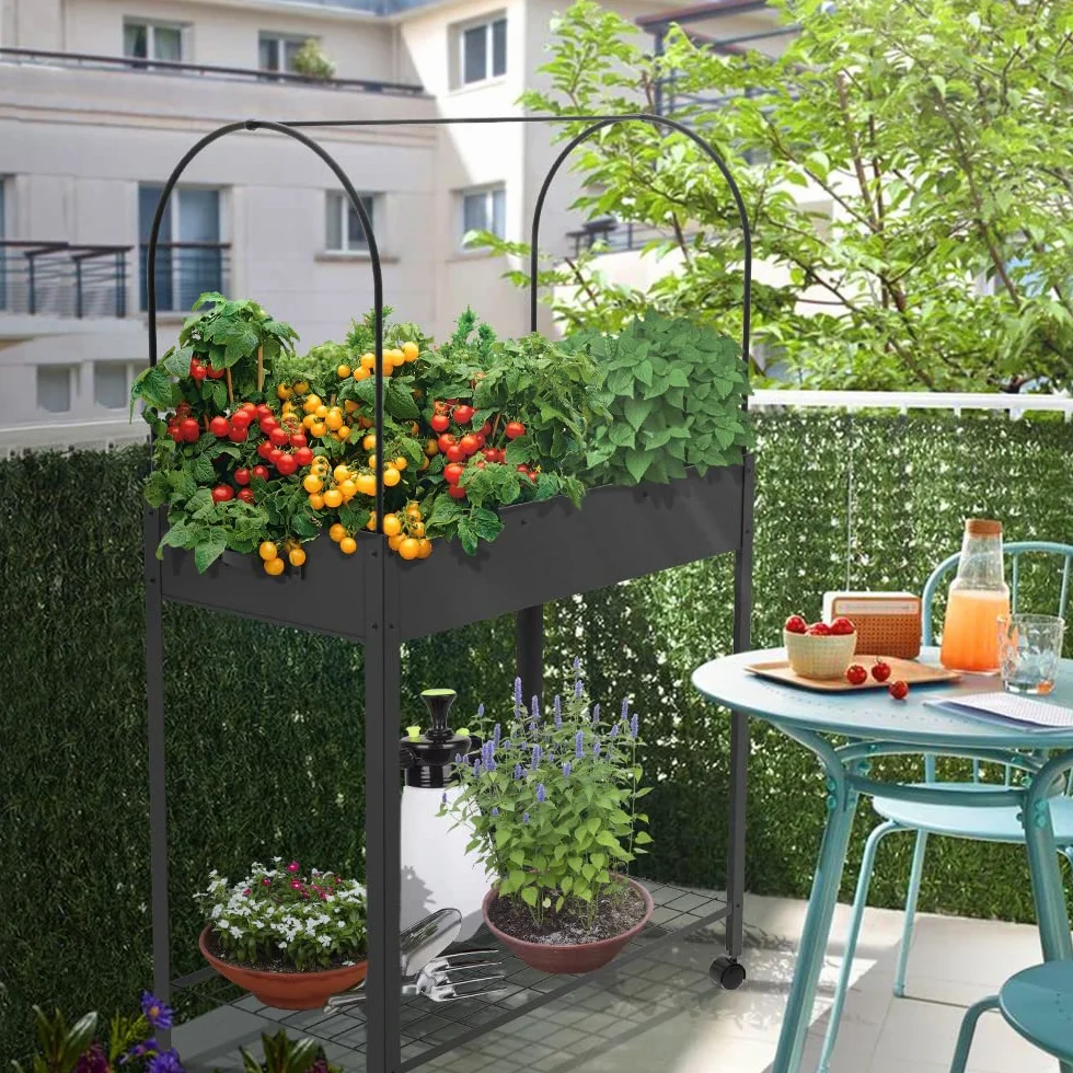 VOUNOT® Huerto Urbano Terraza Mesa de Cultivo Cubierta de Protección, Jardinera Elevada con Ruedas Asa Lateral y Estante Inferior, para Plantas Flores Verduras Jardín Interior Exterior, Negro