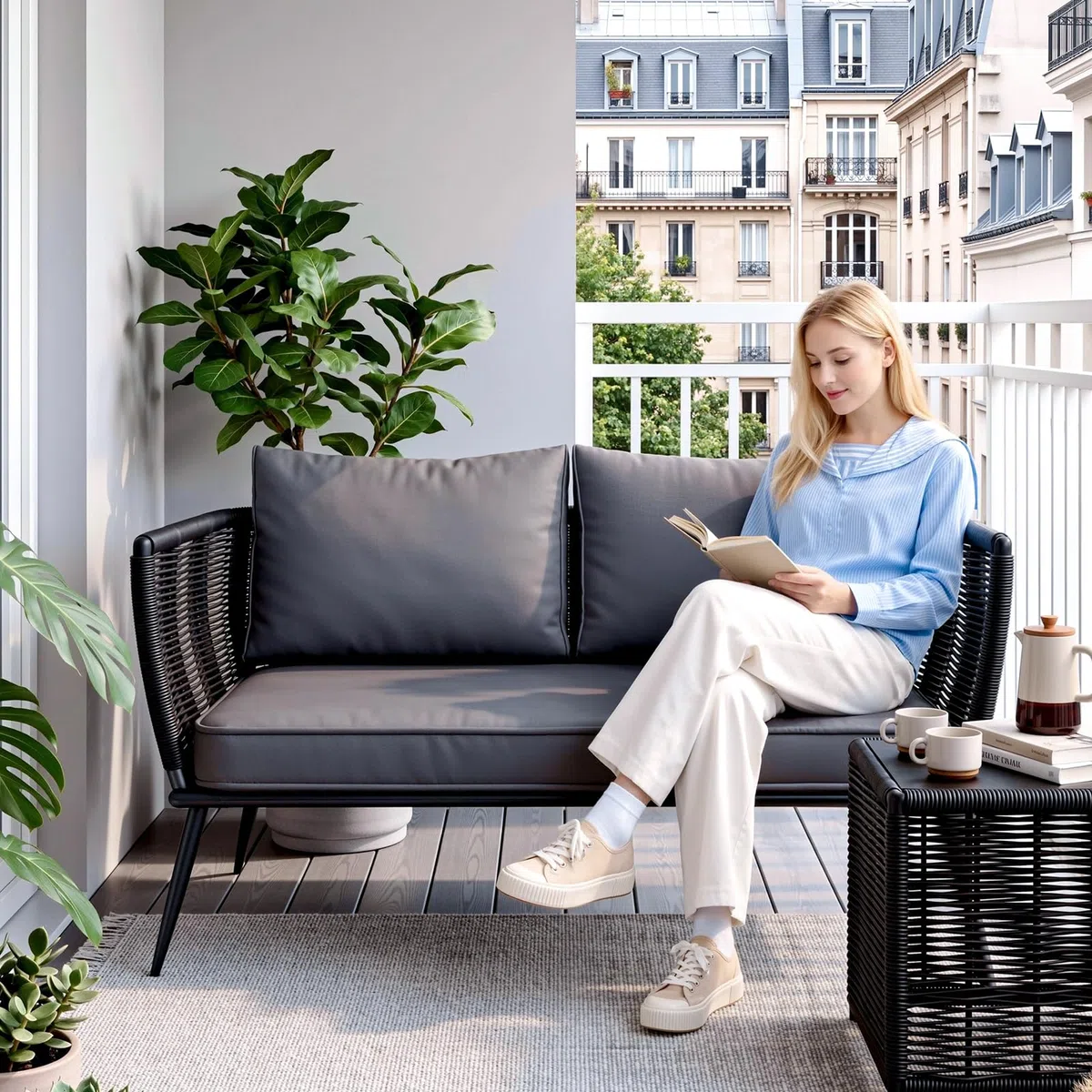 LIFERUN Sofá de ratán de 2 plazas, muebles de balcón, color negro, sofá, pequeño balcón, jardín de invierno, terraza, muebles de exterior e interior, banco de jardín resistente a la intemperie, banco