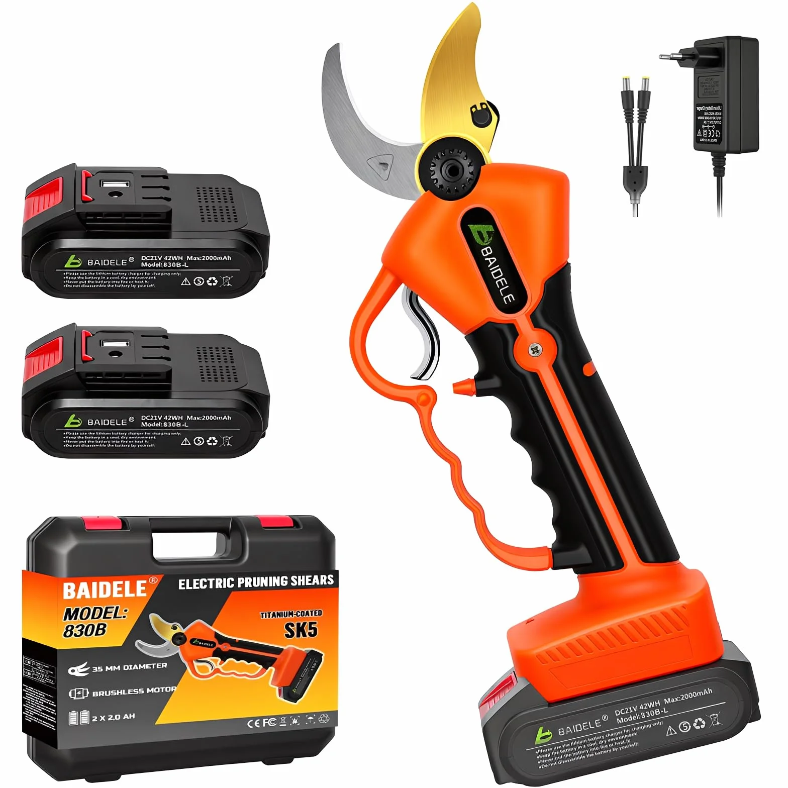 Tijeras de Podar Eléctricas 35mm, 600W Tijeras de Podar Bateria con 2 Baterías de Litio de 2,0 Ah, 8 Horas de Funcionamiento, Empuñadura Antifatiga, Ideal Para La Poda en Jardines, Huertos y Viñedos