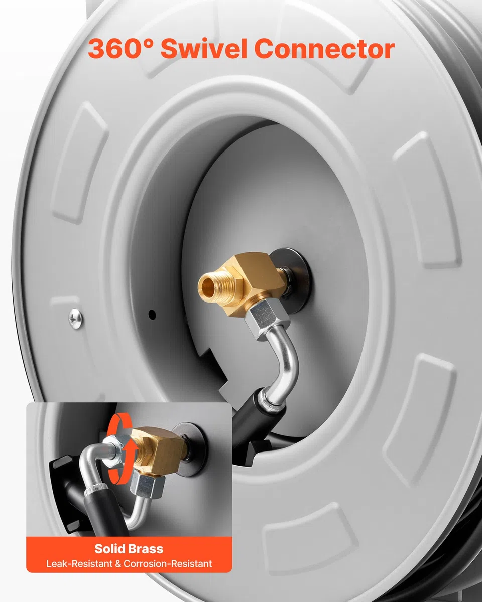 VEVOR Carrete de Manguera para Hidrolavadora 19,8 m x 6,4 mm, Retráctil de Acero, para Pared y Suelo, Presión de 220,6 bar, Rebobinado Automático para Lavado de Coches, Suelos y Jardines, Negro