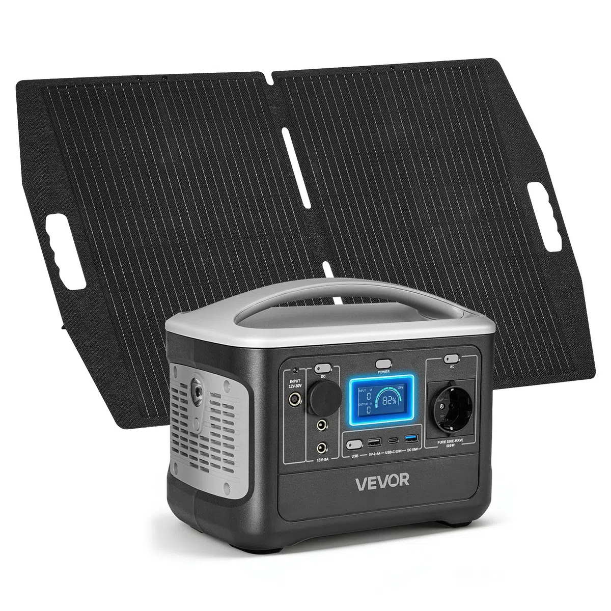 VEVOR Estación de Energía Portátil 600 W con Panel Solar de 100 W, Generador de Energía Batería de Respaldo LiFePO4 de 493 WH, con 7 Puertos de Salida para Hogar, Campamentos, Viajes en Autocaravana