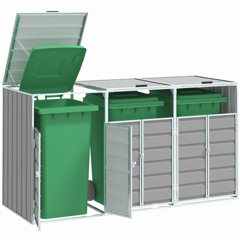 vidaXL Cobertizo de 3 contenedores Basura Acero Gris 216x81x115 cm, cobertizo para Cubos de Basura, cobertizo de Cubos para Exterior, caseta para Cubos de Basura