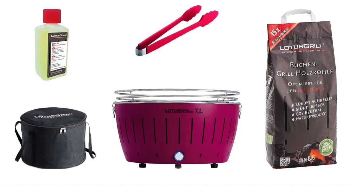 LotusGrill XL Starter Juego de 1 x lotusgrill XL Color Morado lila 1 x haya Carbón vegetal 1 kg, 1 x quemar 200 ml, 1 x salchichas Alicate Naranja