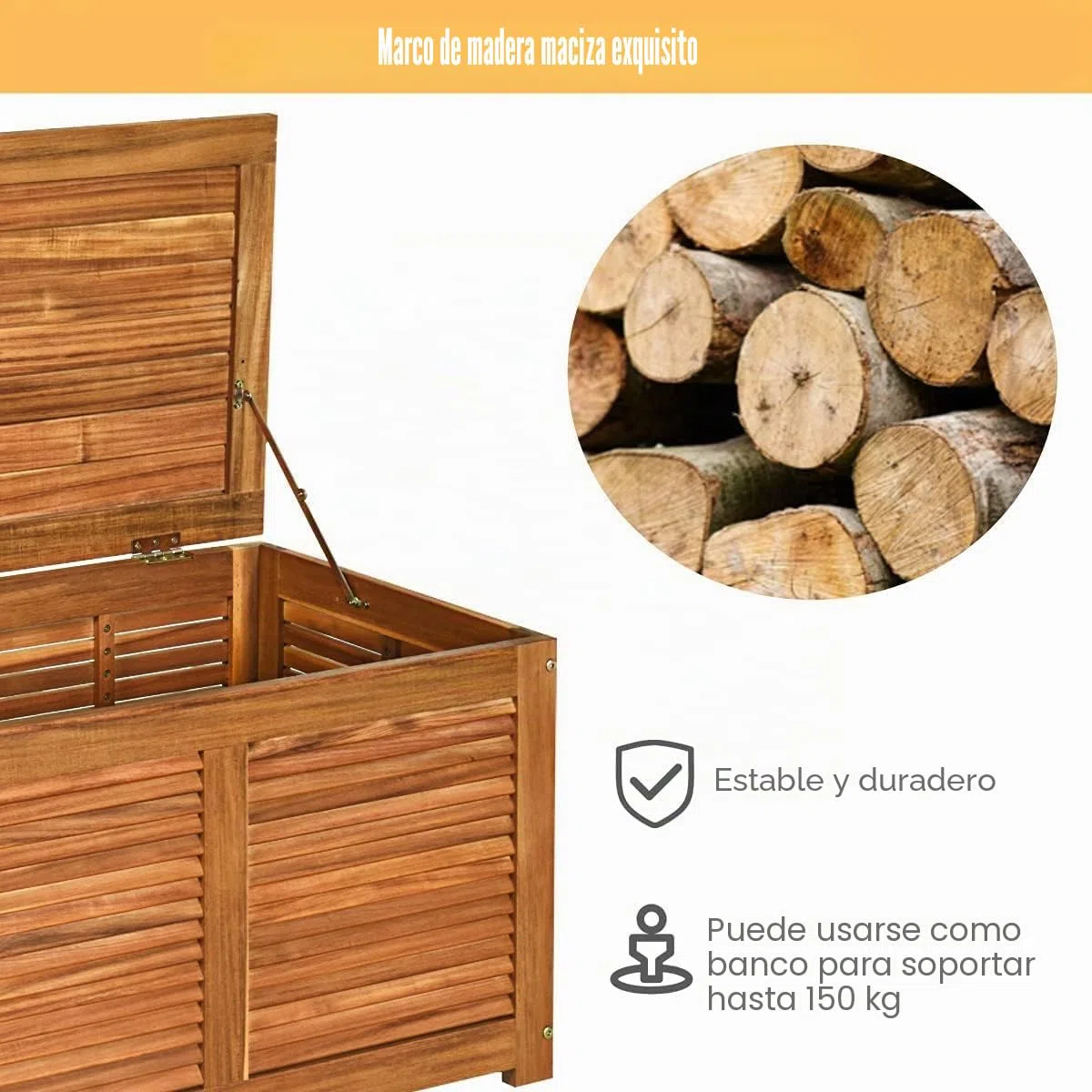 FANTASK Caja de jardín de madera de acacia, 179 L, caja de almacenamiento, caja de cojines, color natural