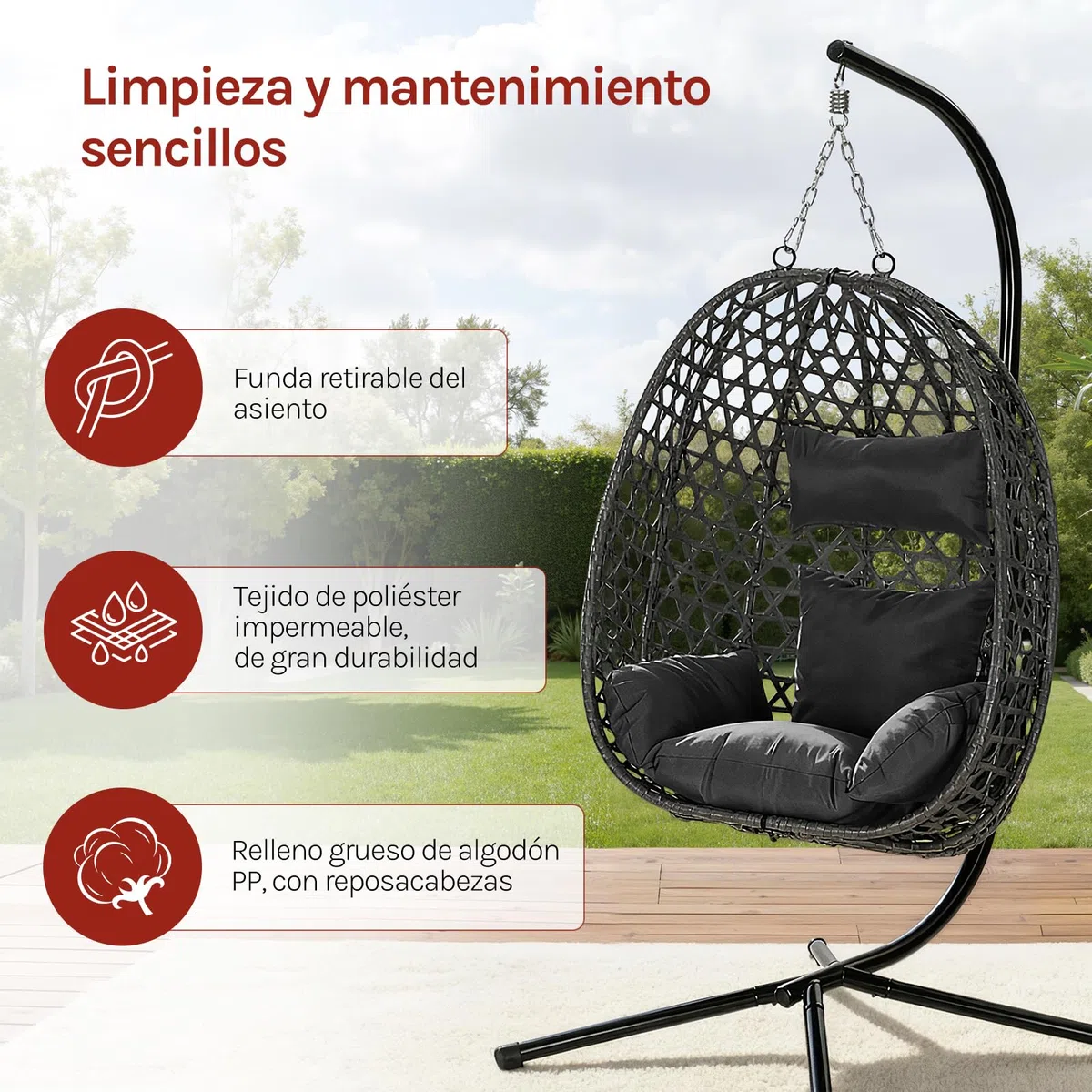 WOLTU Silla Colgante, Hamaca Columpio con Cojín y Reposacabezas, Aspecto Ratán PE y Estructura de Metal, Carga 150 kg, para Jardín, Patio y Terraza, 102x100x196 cm, Negro
