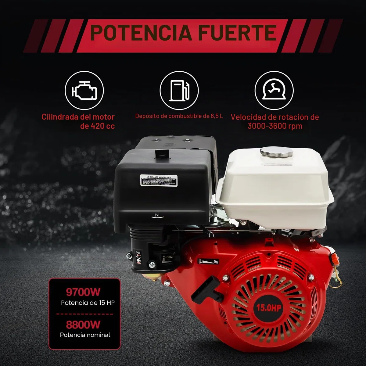 Motor de gasolina de 4 tiempos de 15 CV con arranque por cable, motor de gasolina HV de 420 cc, motor de cuatro tiempos refrigerado por aire 9000 W 3600 rpm