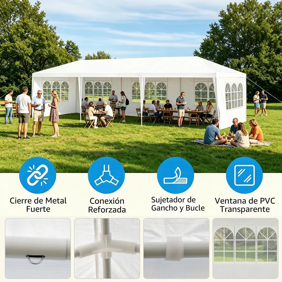 KOMFOTTEU Carpa Plegable 3 x 9 m, Cenador de Jardín con 5 Paredes Laterales Extraíbles y Ventanas, Carpa para Fiesta con Protección UV, Tienda Portátil para Eventos, Bodas, Blanco (3 x 9 m, 5 Paredes)