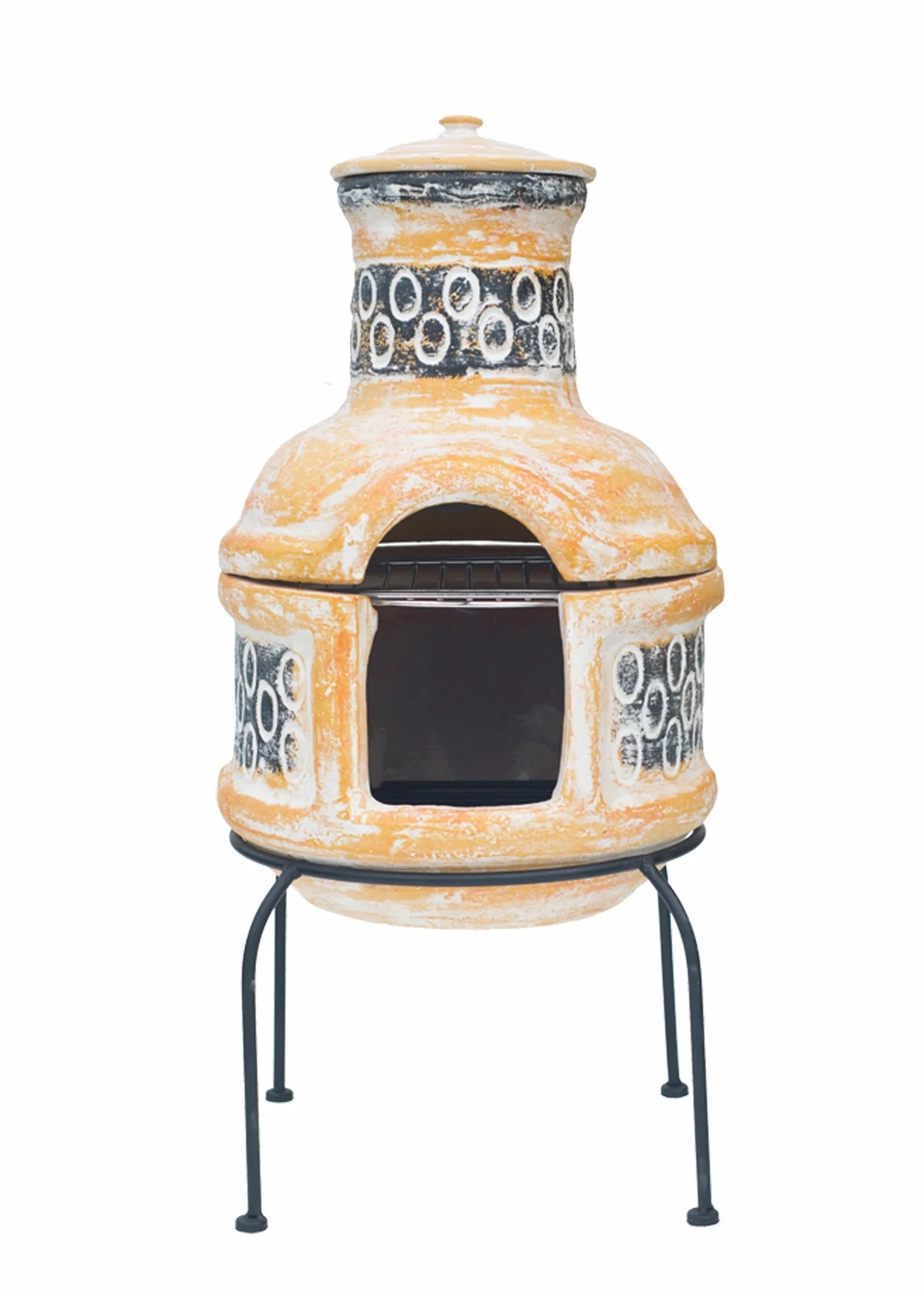 La Hacienda 67030 - Chimenea de Arcilla de 2 Piezas con Parrilla de Cocina, Viene con Tapa de Lluvia y Soporte, Chimenea de Barbacoa, pequeño-Amarillo y marrón, 29.53 x 14.17 x 14.17 Pulgadas