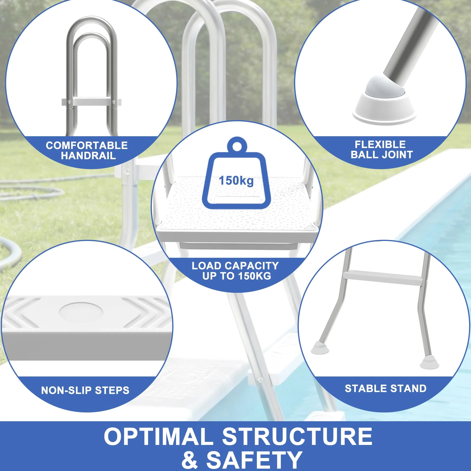 UISEBRT Escalera de piscina de acero inoxidable 304 | Escalera de piscina con 3 peldaños | Escalera para piscina con protección antideslizante | Escalera de entrada para piscina y piscina altura de